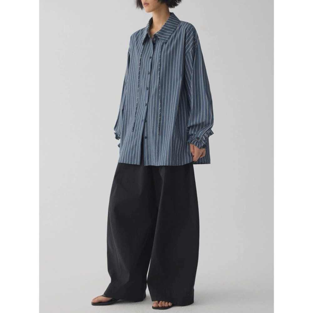 ZARA Yarn Dyed Navy Striped Double Collar Tie Blouse